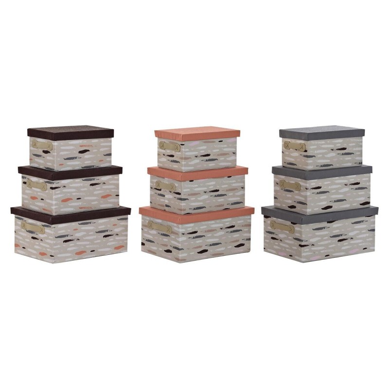 Set of Stackable Storage Boxes DKD Home Decor Brown Grey Orange Polyester (40 x 30 x 20 cm) (3 Units) - Article for the home at wholesale prices