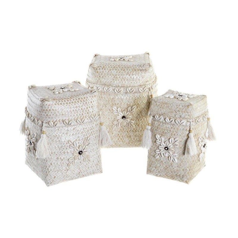 Set de basket DKD Home Decor Blanc Bambou Coquillages (24 x 24 x 30 cm) (3 Pièces) - Article pour la maison à prix grossiste