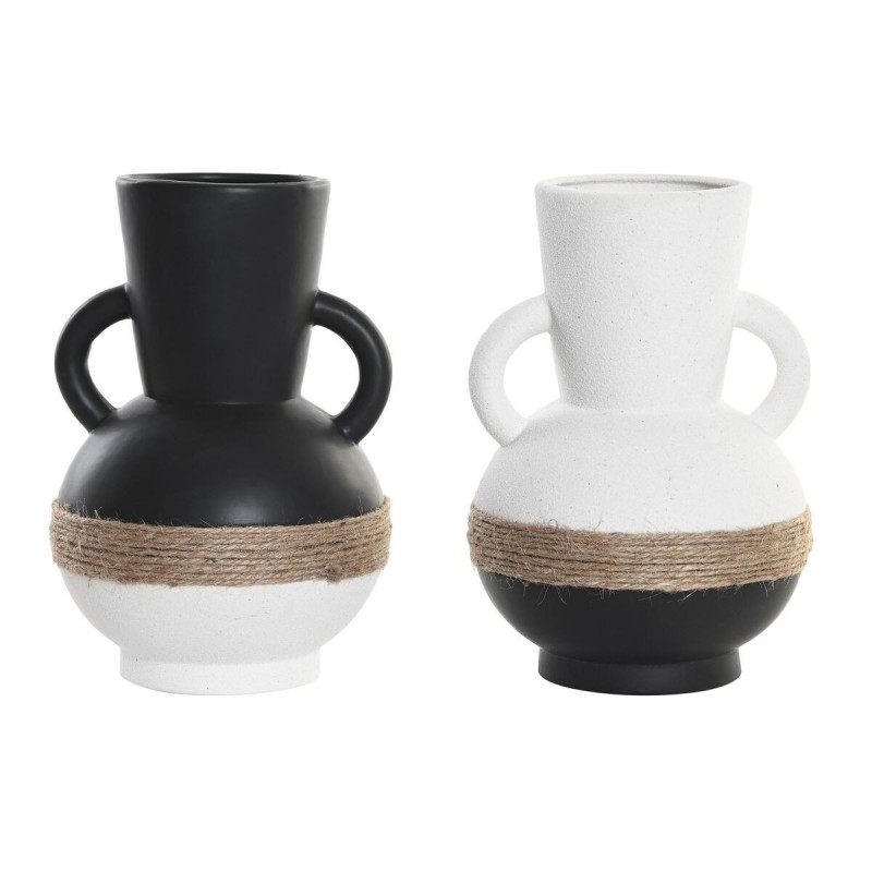 Vase DKD Home Decor Céramique Noir Marron Corde Blanc (16,5 x 16,5 x 24 cm) (2 Unités) - Article pour la maison à prix de gros
