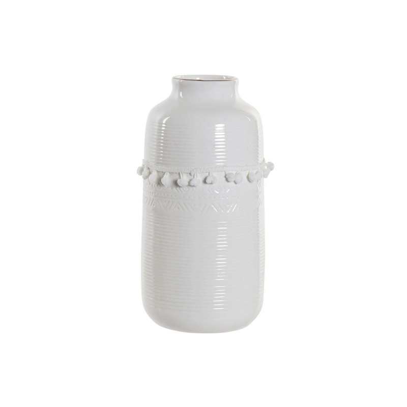 Vase DKD Home Decor Coton Blanc Grès Pompons Pompon (12 x 12 x 24 cm) - Article pour la maison à prix de gros
