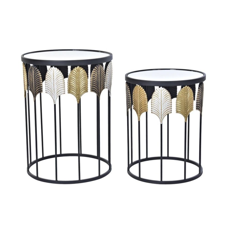 Set of 2 Tables Gigognes DKD Home Decor Mirror Black Metal Multicolor Modern Plant Leaf (46 x 46 x 61 cm) (2 pcs) - Article for the home at wholesale prices