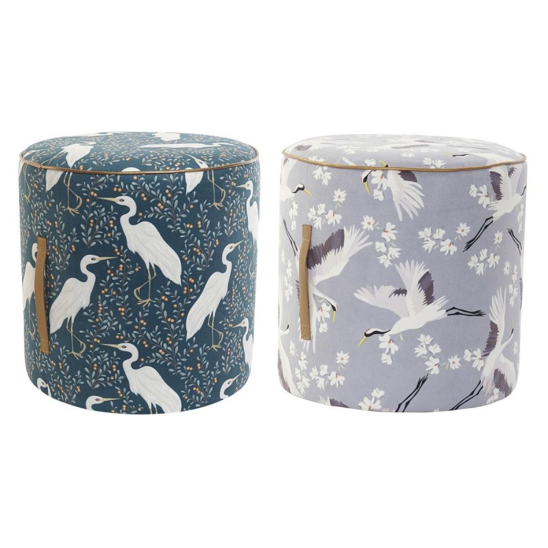 Footrest DKD Home Decor Blue Wood Polyester White Green Oriental Bird (35 x 35 x 35 cm) (2 Units) - Article for the home at wholesale prices