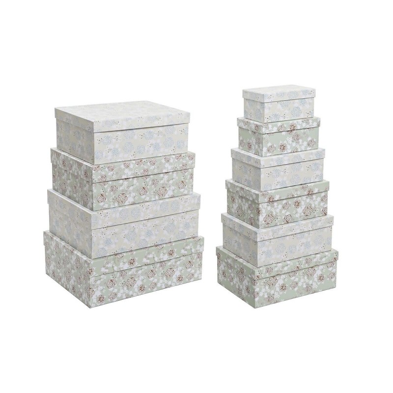 Set of Stackable Storage Boxes DKD Home Decor Beige Green Flowers Cardboard (43.5 x 33.5 x 15.5 cm) - Article for the home at wholesale prices