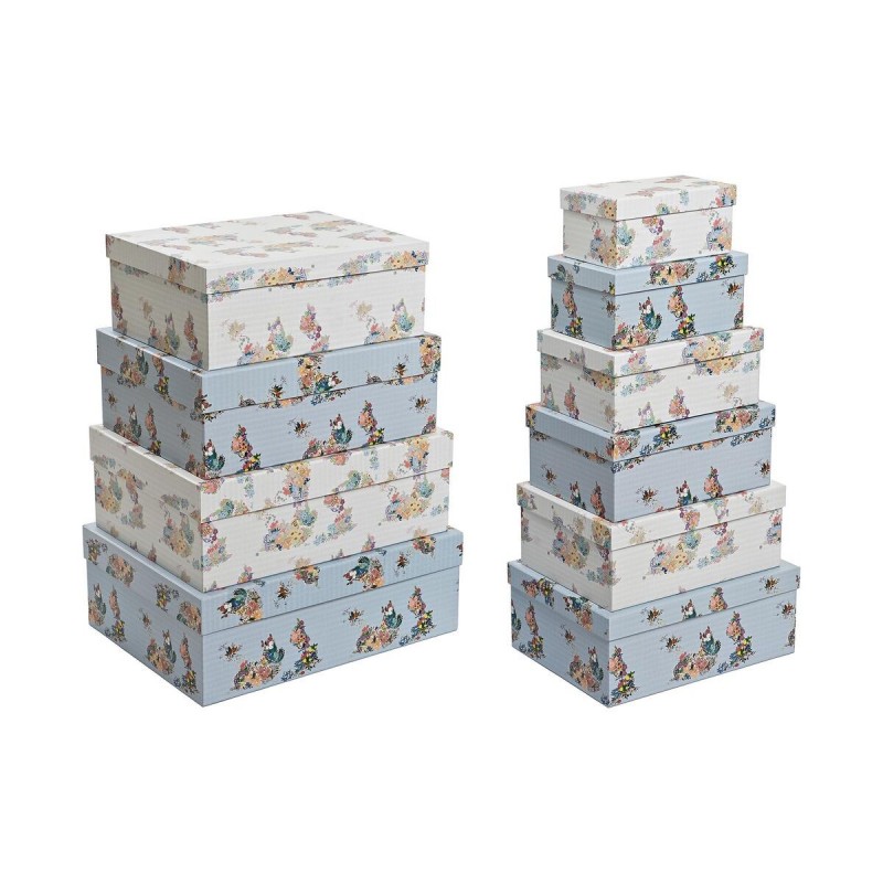 Jeu de Caisses de Rangement Empilables DKD Home Decor Bleu Blanc Fleurs Carton (43,5 x 33,5 x 15,5 cm) - Article pour la maison à prix grossiste
