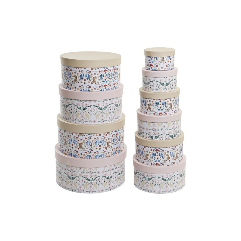Jeu de Caisses de Rangement Empilables DKD Home Decor animaux Rond Fleurs Carton (37,5 x 37,5 x 18 cm) - Article pour la maison à prix de gros
