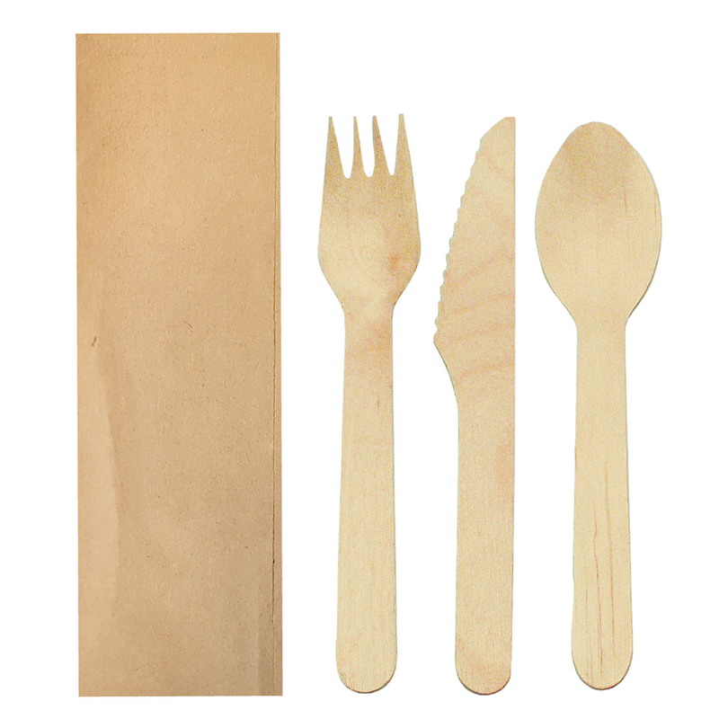 Set of 100 Fork, Knife, Spoon in Kraft Sachets - Wooden spoon at wholesale prices