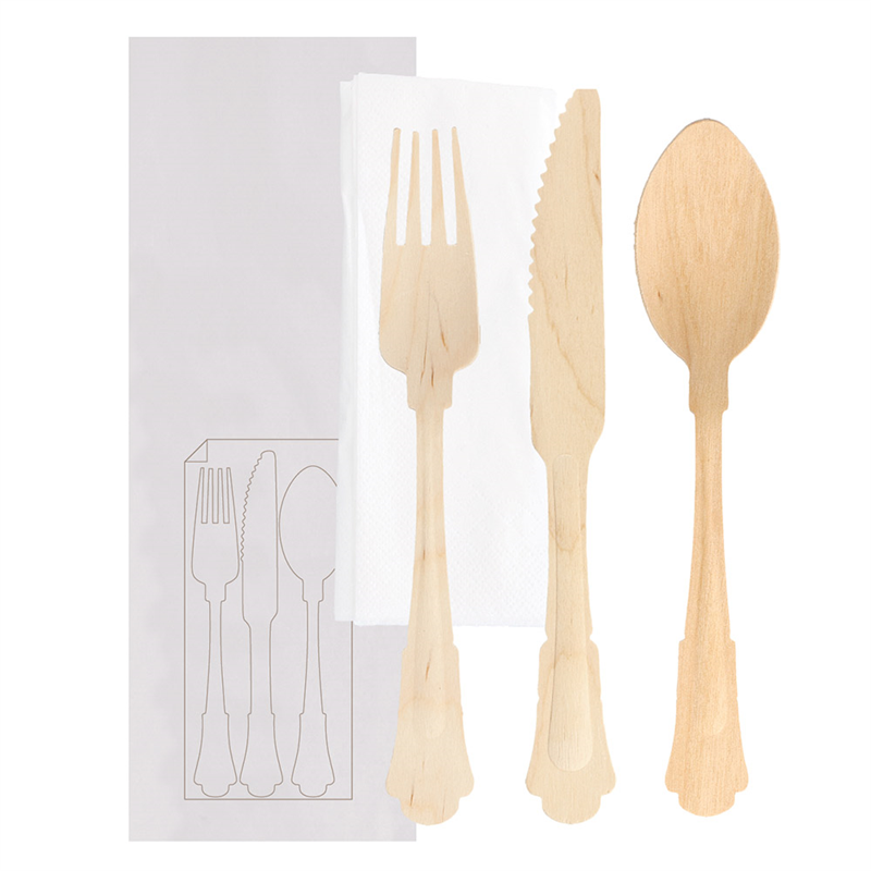 Lot de 100 Set Fourchette, Couteau, CuillèreServiette Emb. - Produit en bois à prix de gros
