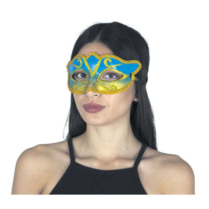 Máscara veneciana turquesa y dorada 30 cm - mascarilla a precios de mayorista