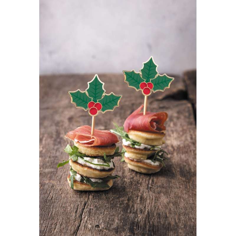 Kerst Holly Cocktailprikkers 10 stuks 4,7 x 10 cm - Kerstaccessoire tegen groothandelsprijzen