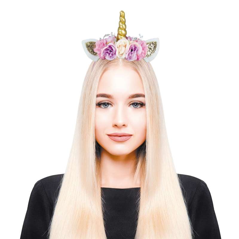 Tiara Unicórnio Dourada com Flores Pailletadas a preço grossista - tiara a preço grossista