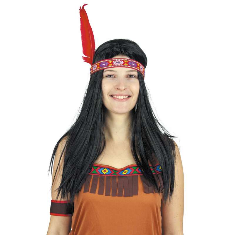 Perruca india negra con diadema y pluma - peluca a precios de mayorista