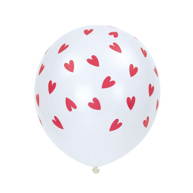 WHITE BALLOONS WITH RED HEARTS X 6 - balloon at wholesale prices